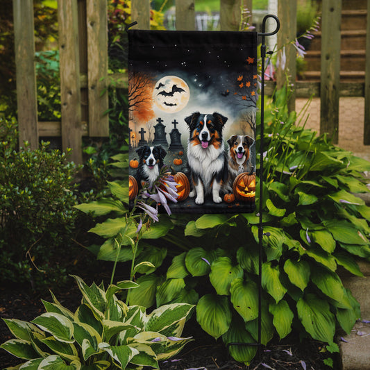 Australian Shepherd Spooky Halloween Garden Flag – Dog in Cemetery Scene