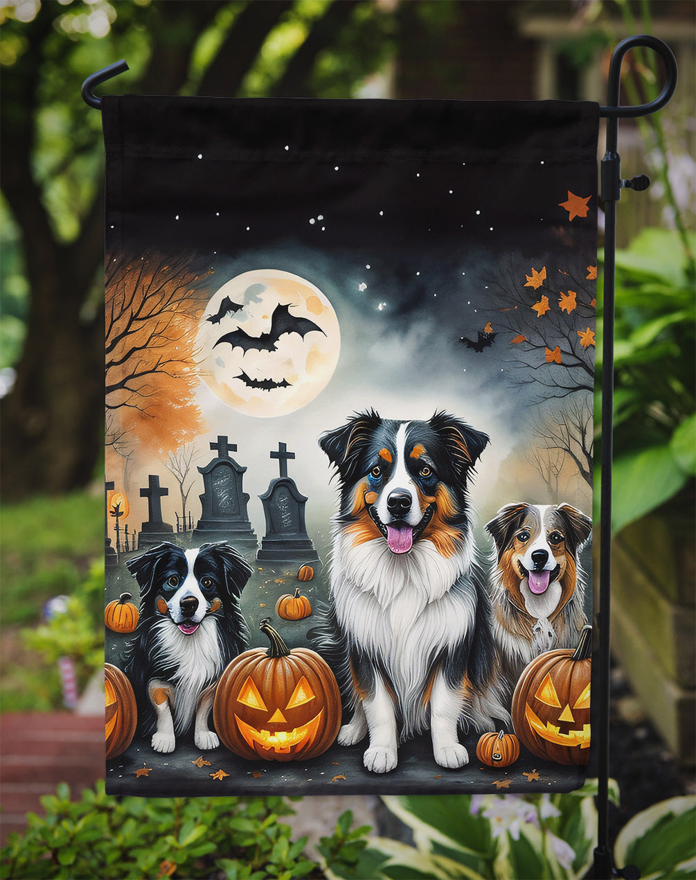 Australian Shepherd Spooky Halloween Garden Flag – Dog in Cemetery Scene