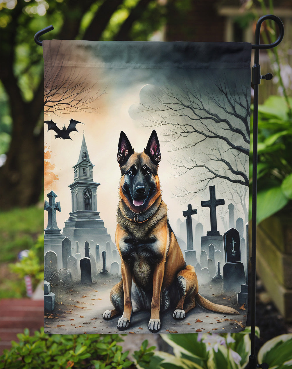 Belgian Malinois Spooky Halloween Garden Flag – Dog in Cemetery Scene