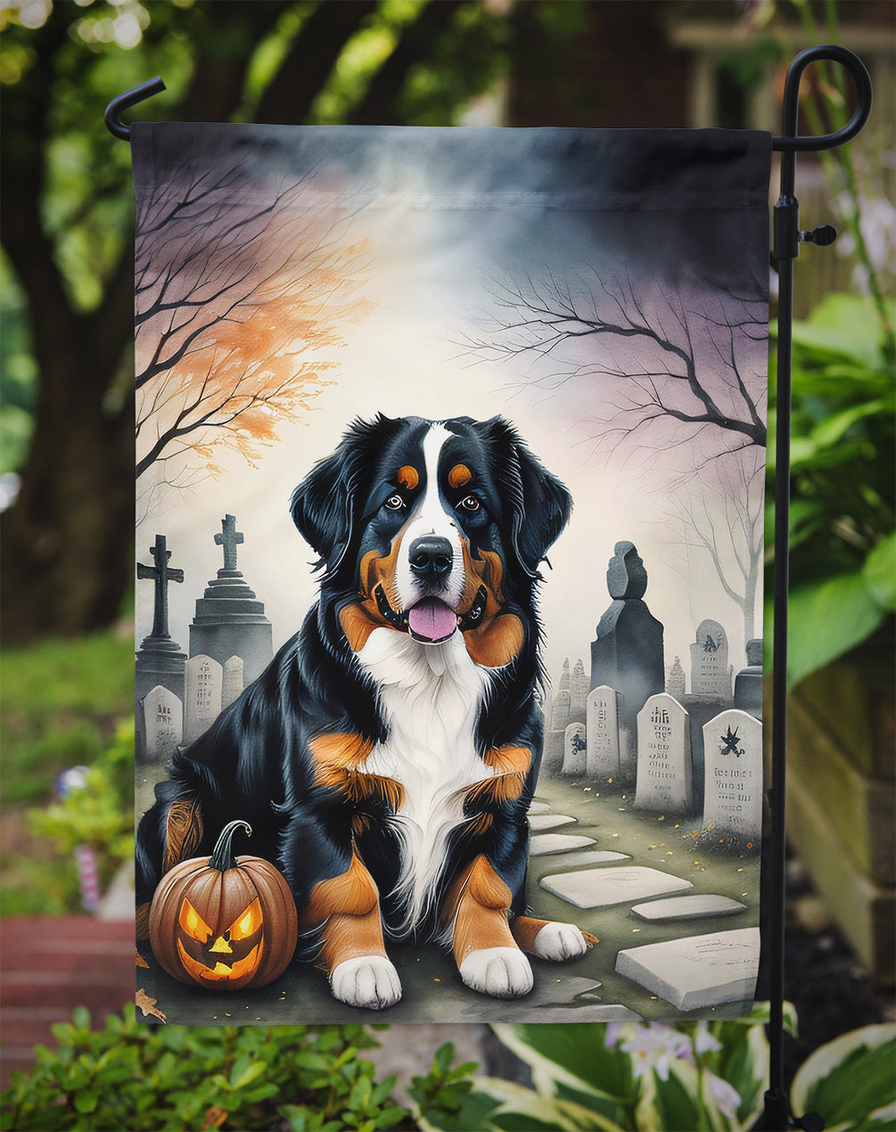 Bernese Mountain Dog Spooky Halloween Garden Flag – Dog in Cemetery Scene