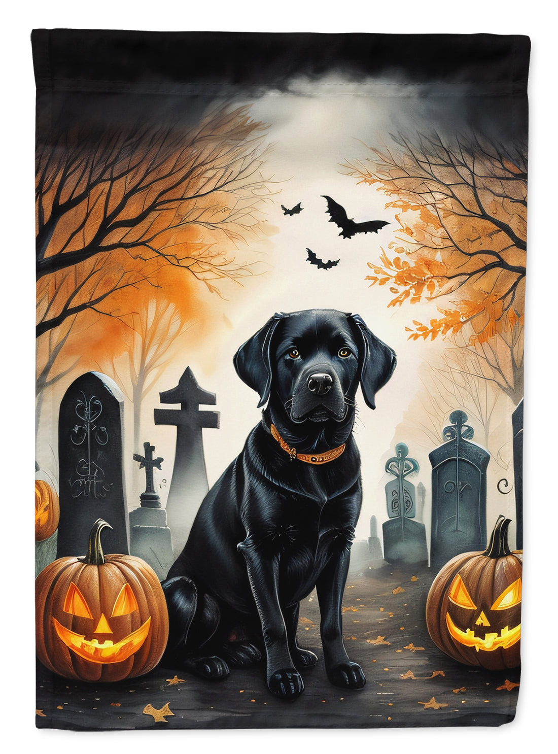 Black Labrador Retriever Spooky Halloween Garden Flag – Dog in Cemetery Scene