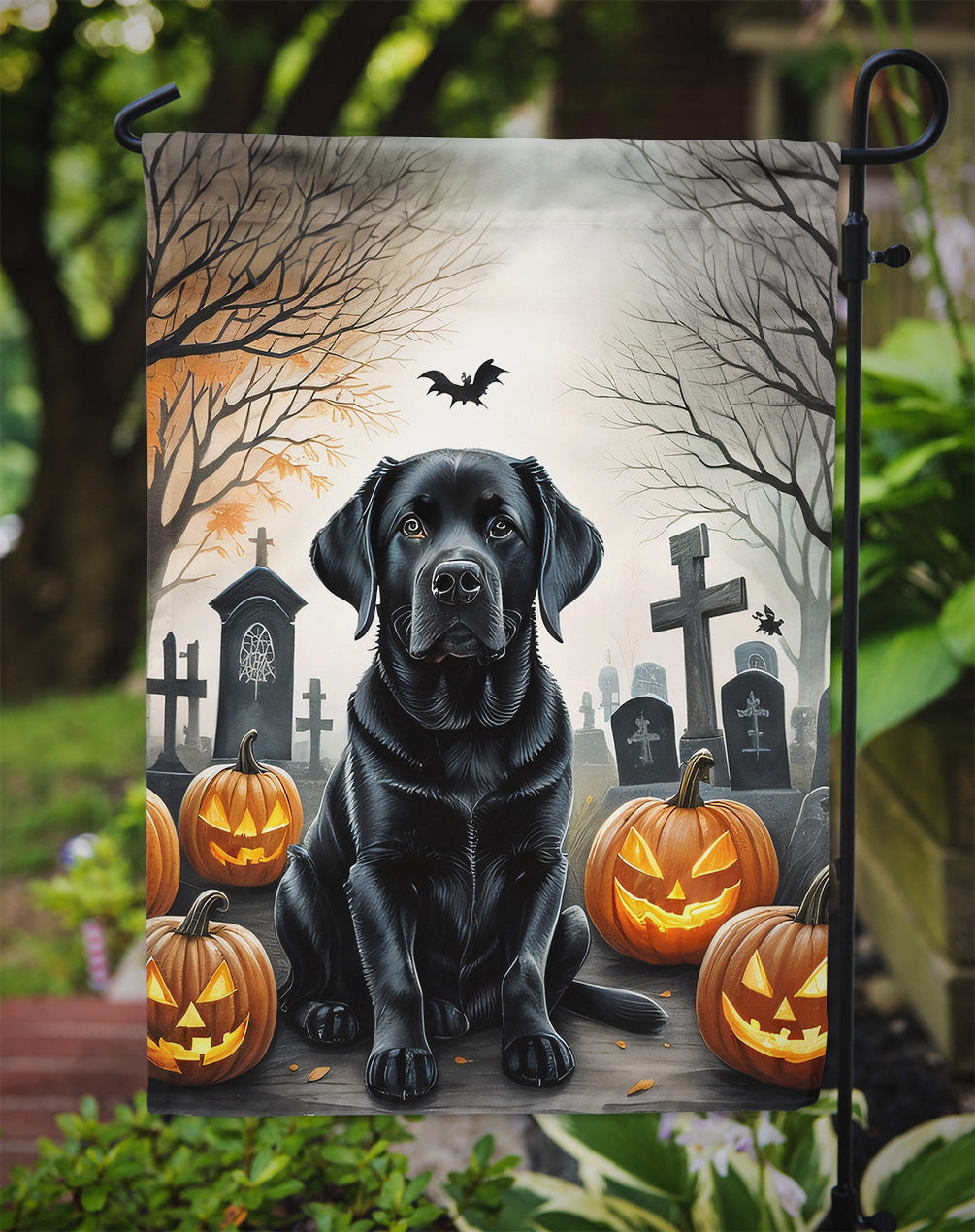 Black Labrador Retriever Spooky Halloween Garden Flag – Dog in Cemetery Scene