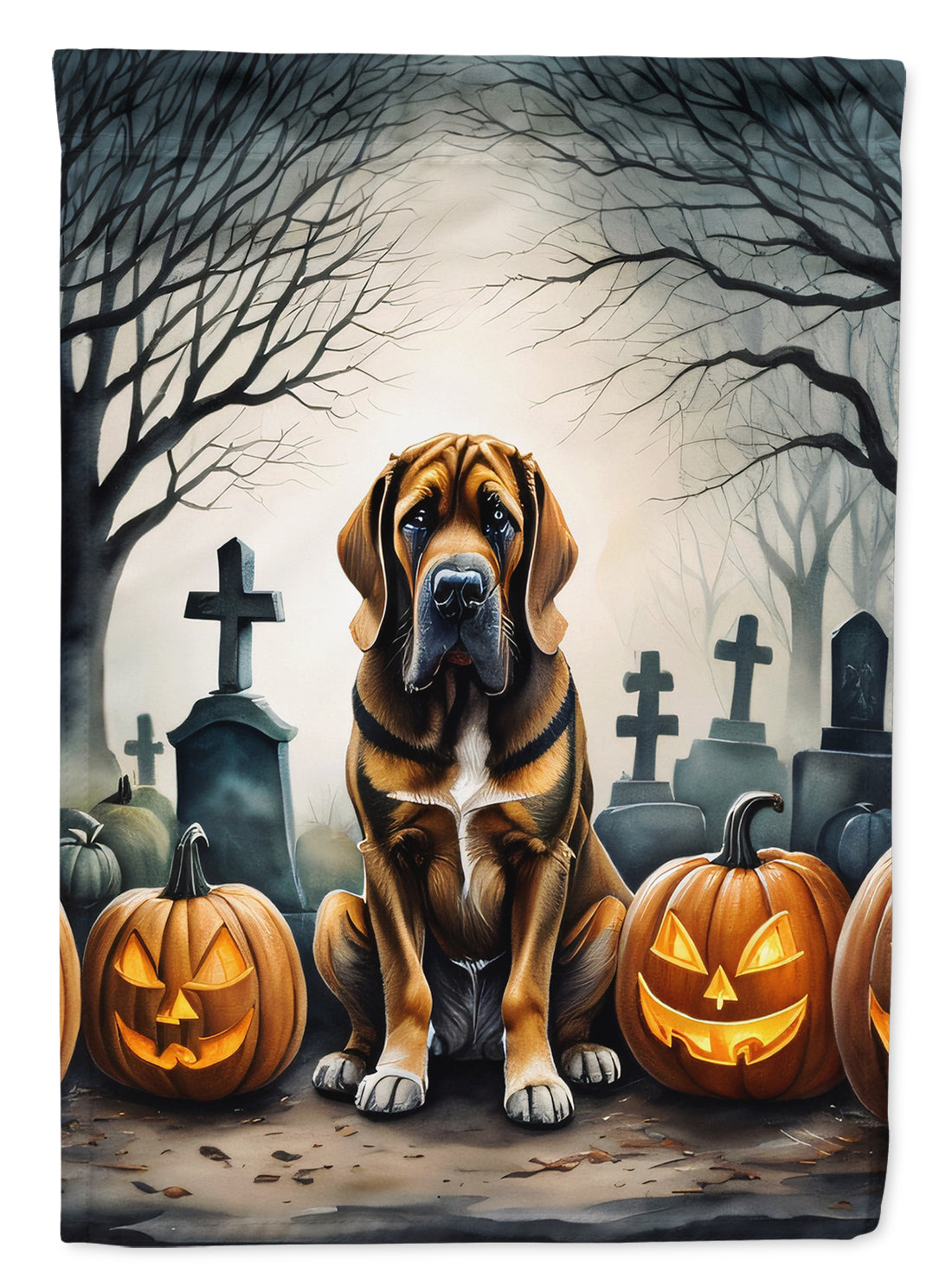Bloodhound Spooky Halloween Garden Flag – Dog in Cemetery Scene