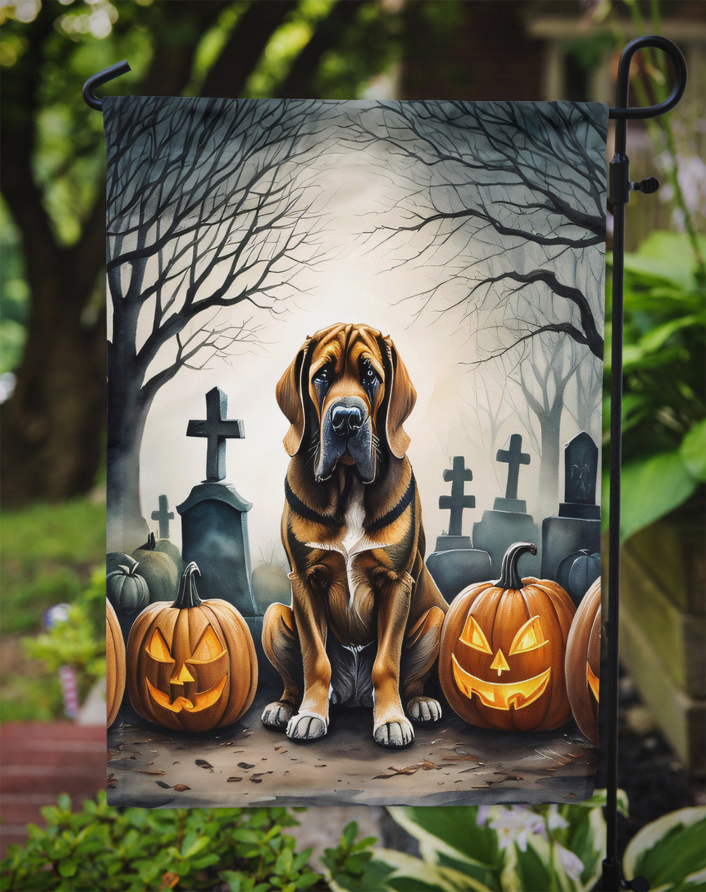 Bloodhound Spooky Halloween Garden Flag – Dog in Cemetery Scene