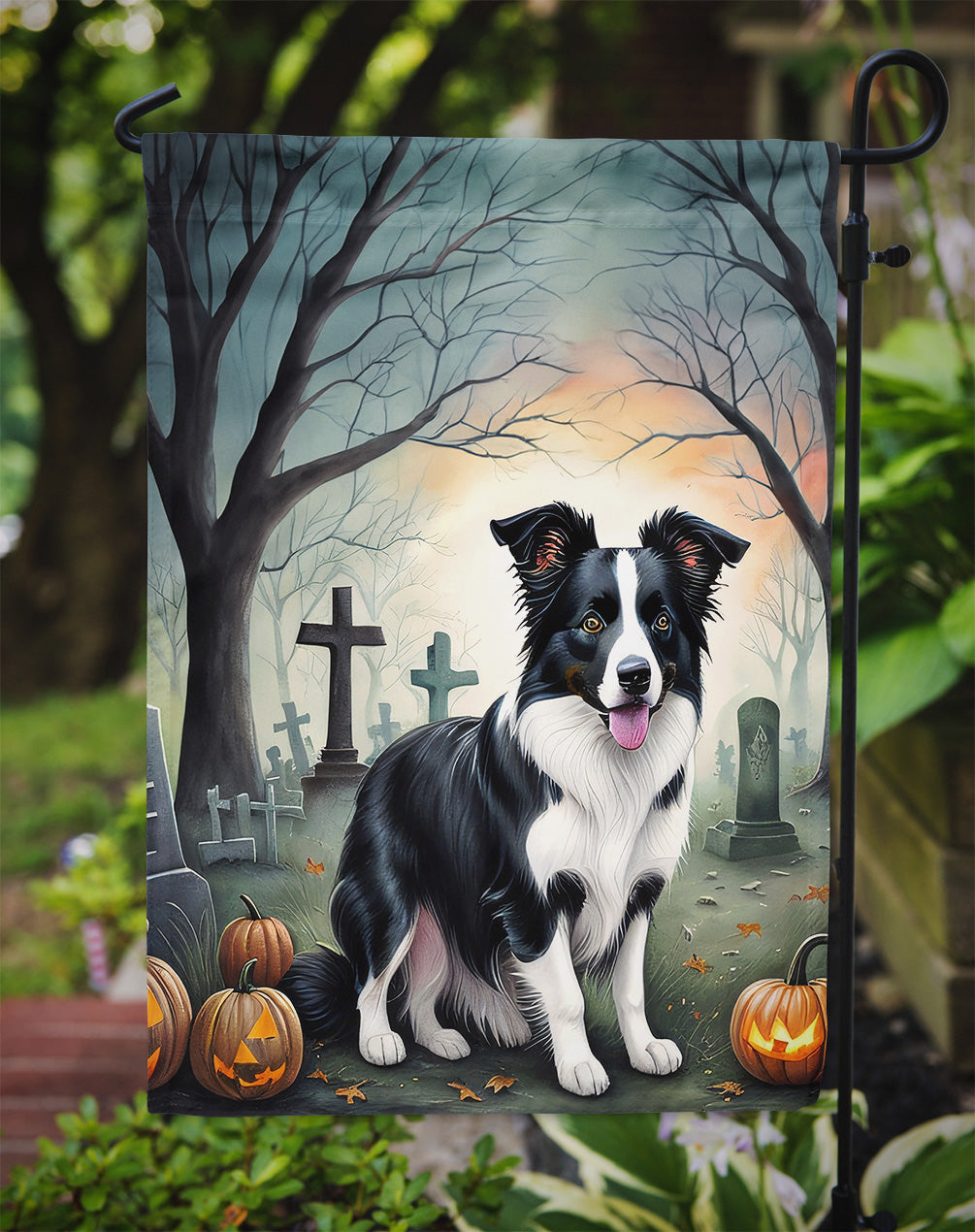 Border Collie Spooky Halloween Garden Flag – Dog in Cemetery Scene