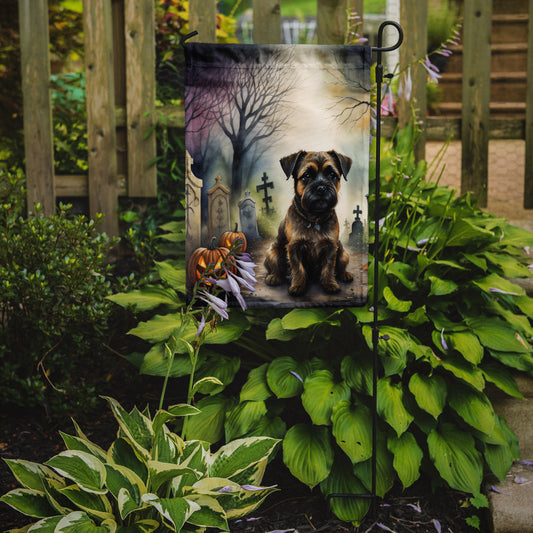 Border Terrier Spooky Halloween Garden Flag – Dog in Cemetery Scene