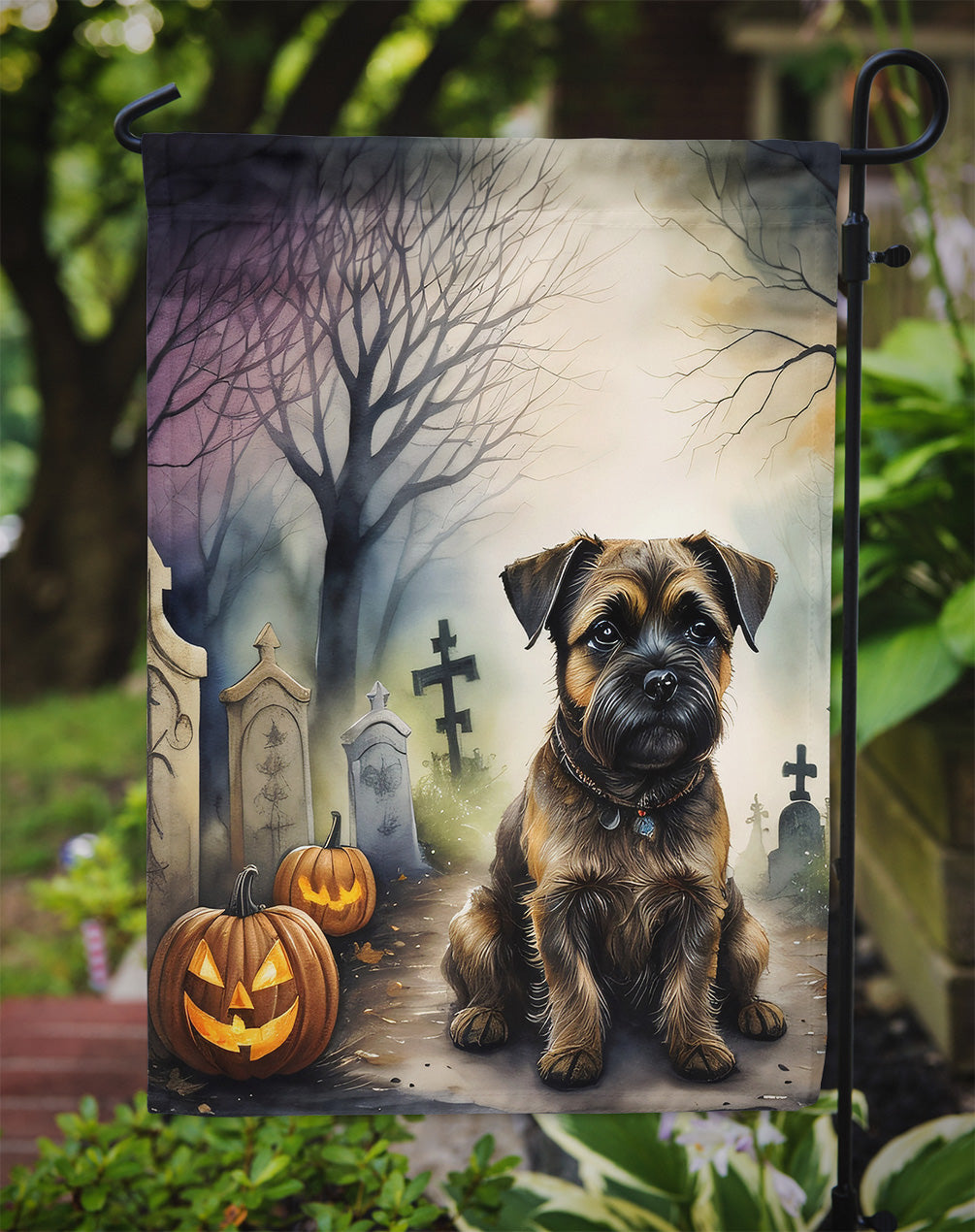 Border Terrier Spooky Halloween Garden Flag – Dog in Cemetery Scene