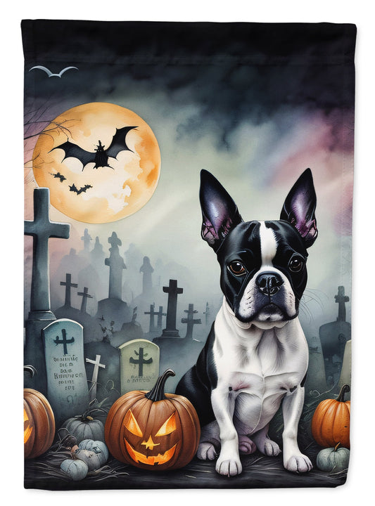 Boston Terrier Spooky Halloween Garden Flag – Dog in Cemetery Scene