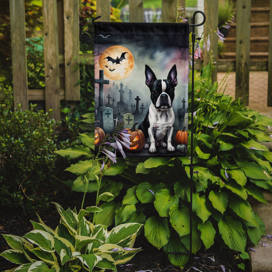 Boston Terrier Spooky Halloween Garden Flag – Dog in Cemetery Scene