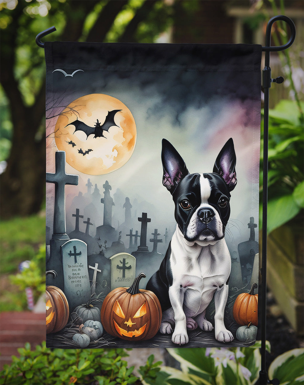Boston Terrier Spooky Halloween Garden Flag – Dog in Cemetery Scene