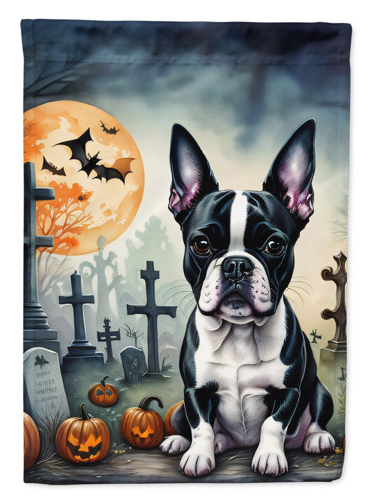 Boston Terrier Spooky Halloween Garden Flag – Dog in Cemetery Scene