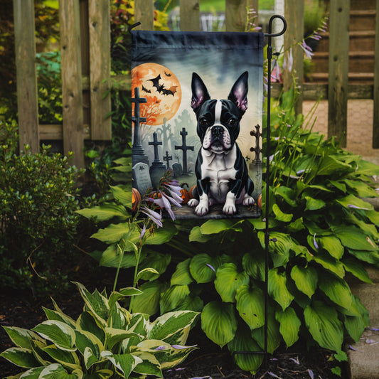 Boston Terrier Spooky Halloween Garden Flag – Dog in Cemetery Scene