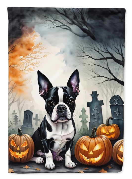 Boston Terrier Spooky Halloween Garden Flag – Dog in Cemetery Scene