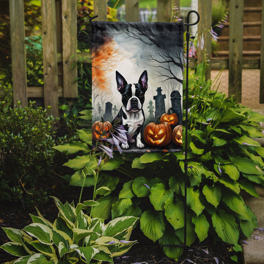 Boston Terrier Spooky Halloween Garden Flag – Dog in Cemetery Scene