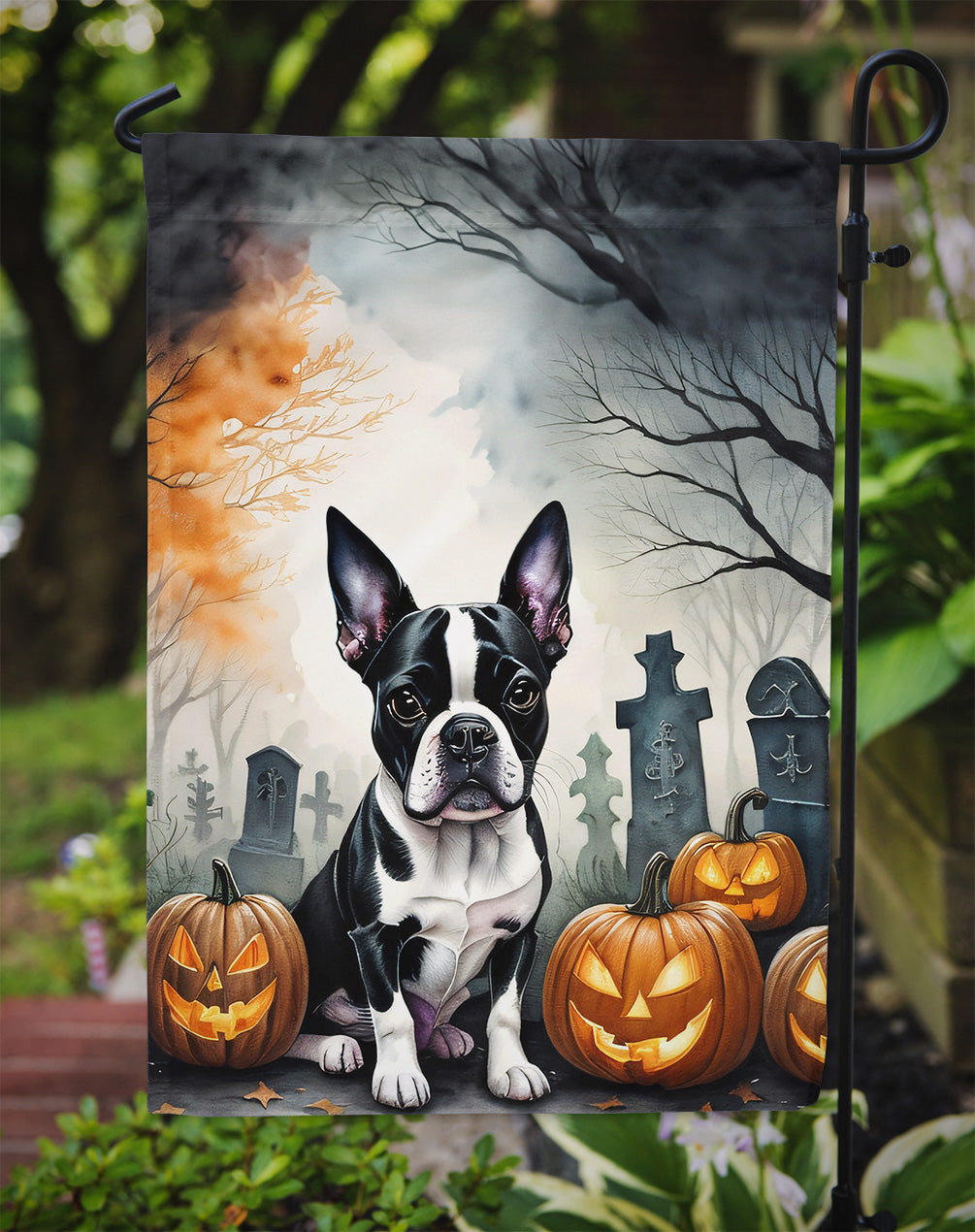 Boston Terrier Spooky Halloween Garden Flag – Dog in Cemetery Scene