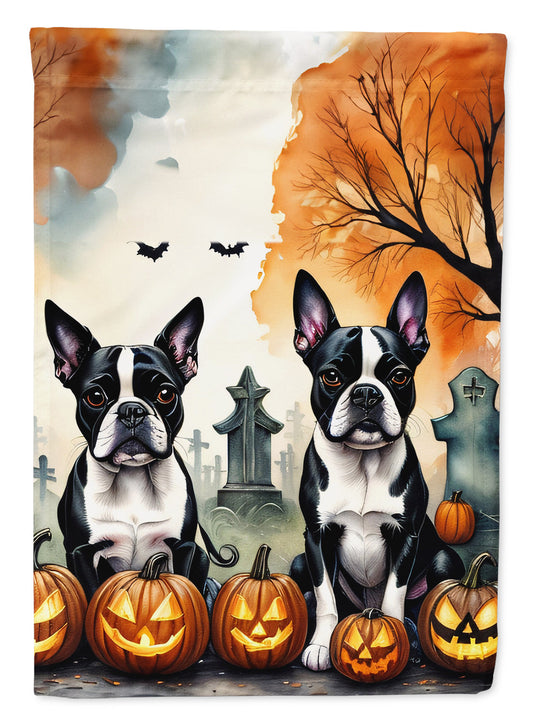 Boston Terrier Spooky Halloween Garden Flag – Dog in Cemetery Scene