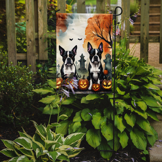 Boston Terrier Spooky Halloween Garden Flag – Dog in Cemetery Scene