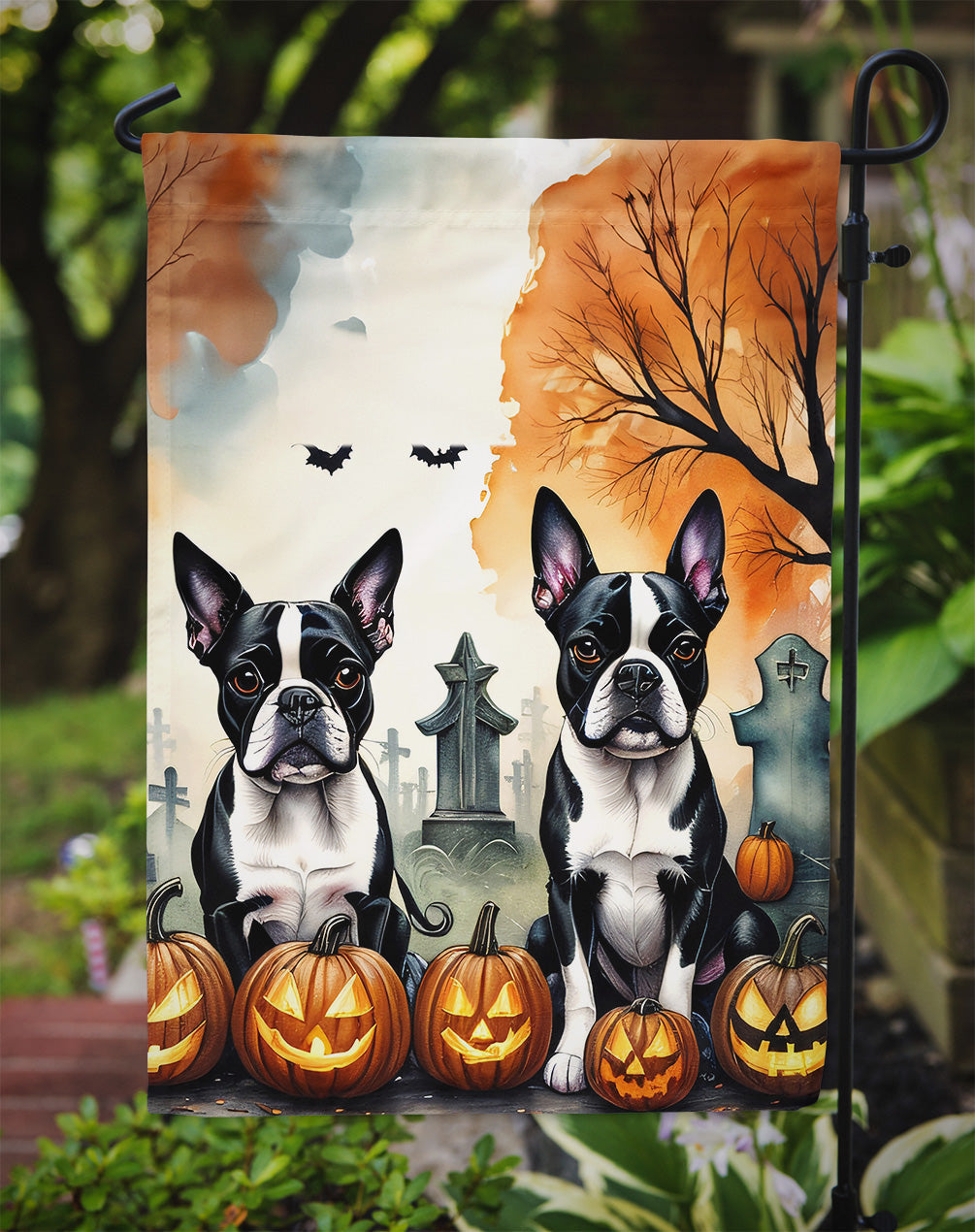 Boston Terrier Spooky Halloween Garden Flag – Dog in Cemetery Scene