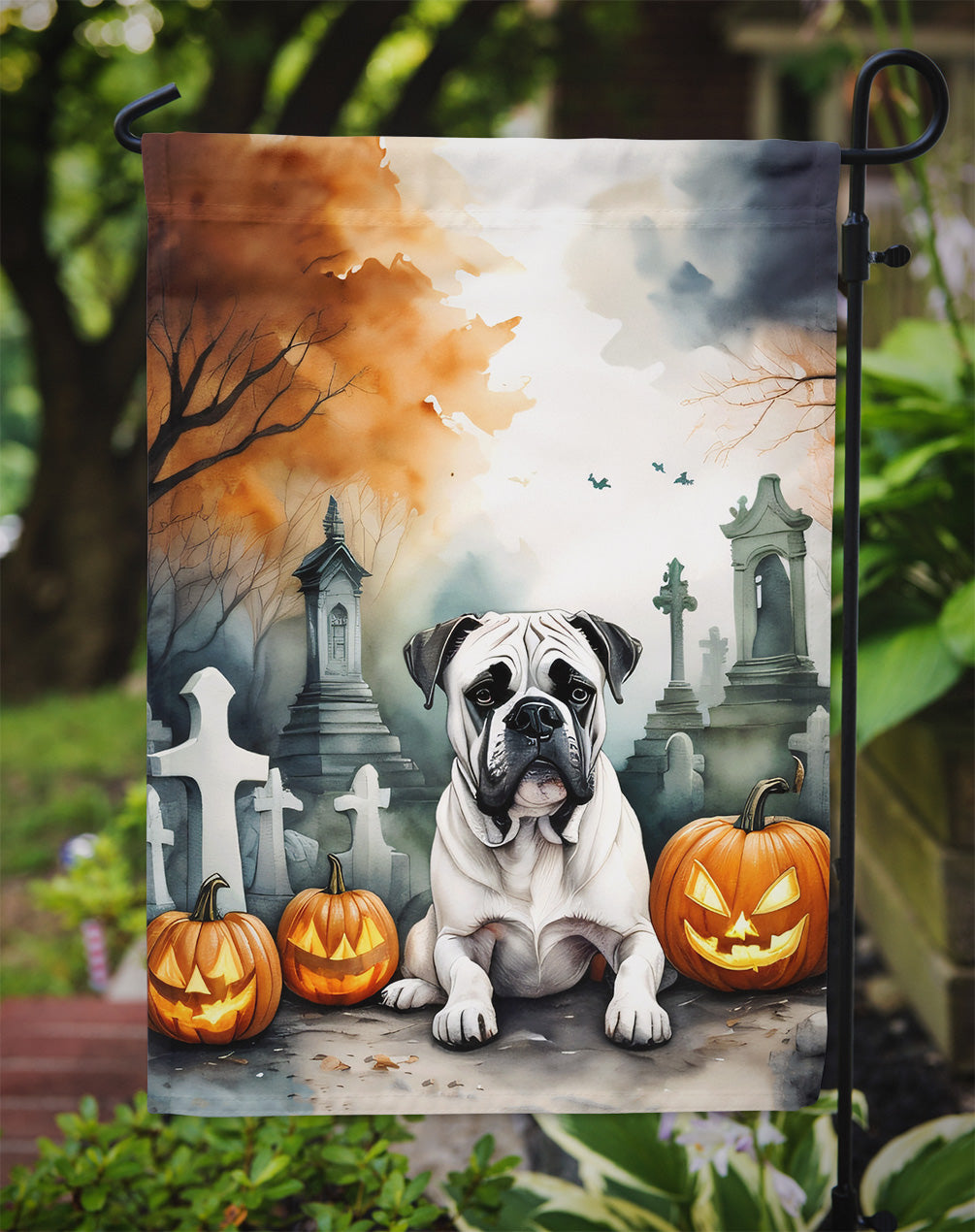 Boxer Spooky Halloween Garden Flag – Dog in Cemetery Scene
