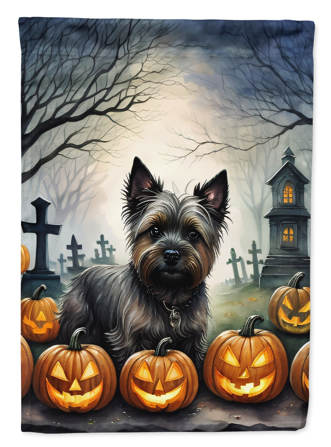 Cairn Terrier Spooky Halloween Garden Flag – Dog in Cemetery Scene