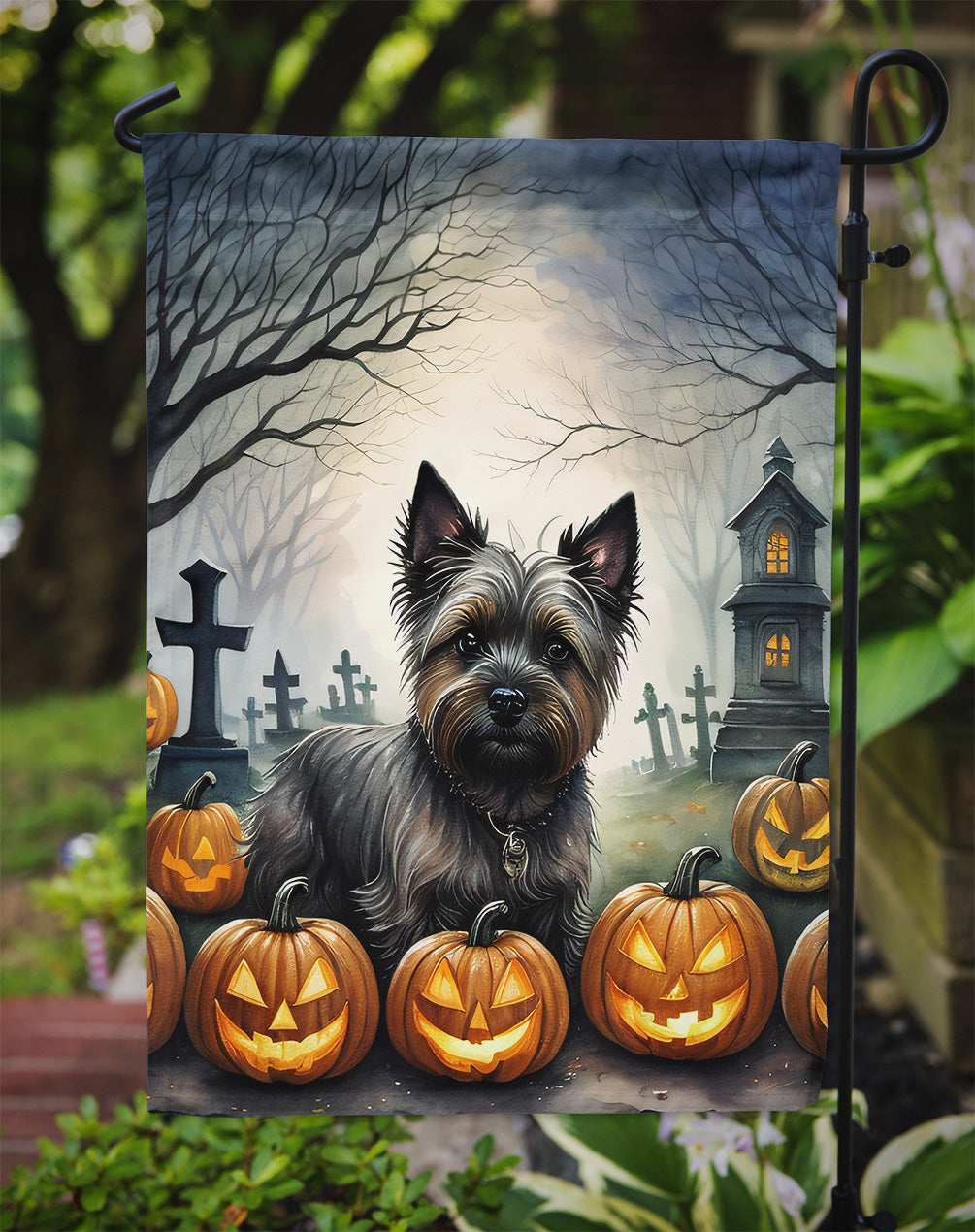 Cairn Terrier Spooky Halloween Garden Flag – Dog in Cemetery Scene