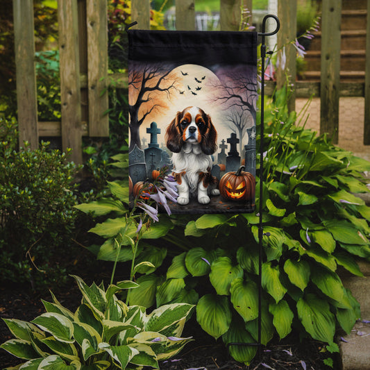 Cavalier Spaniel Spooky Halloween Garden Flag – Dog in Cemetery Scene