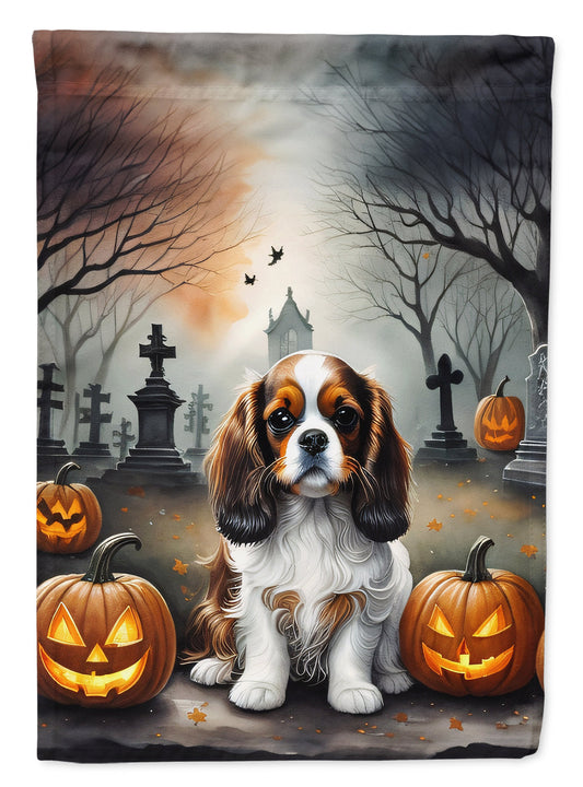 Cavalier Spaniel Spooky Halloween Garden Flag – Dog in Cemetery Scene