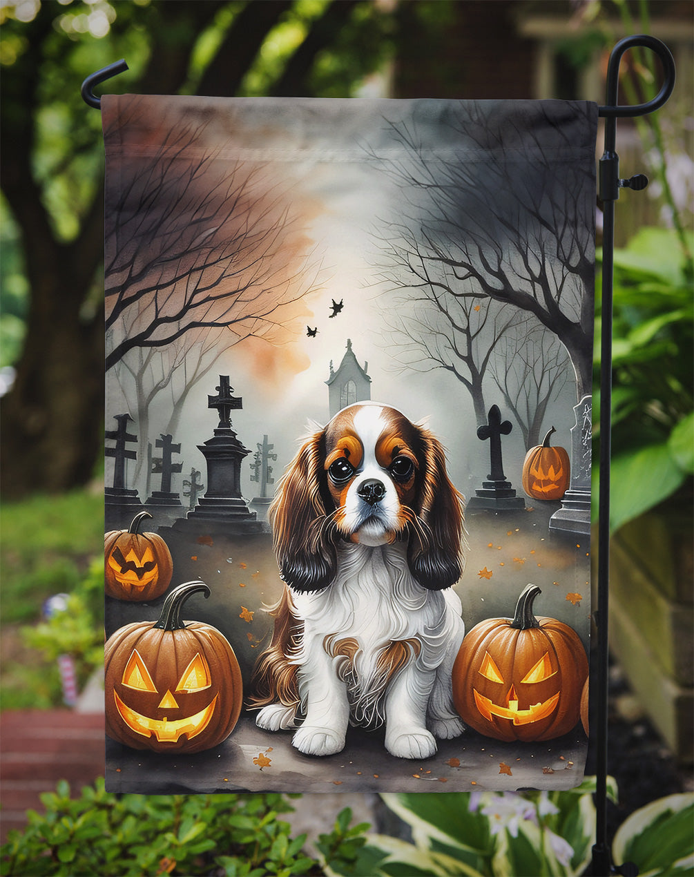 Cavalier Spaniel Spooky Halloween Garden Flag – Dog in Cemetery Scene