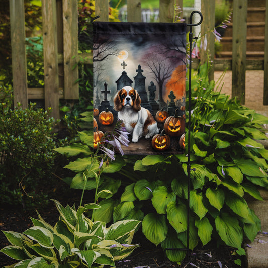 Cavalier Spaniel Spooky Halloween Garden Flag – Dog in Cemetery Scene