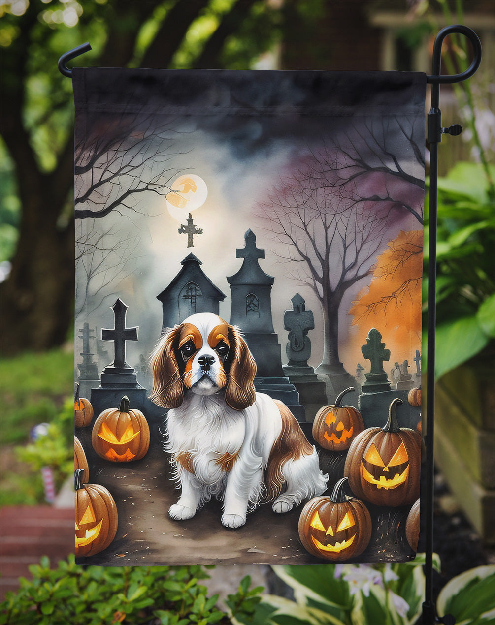Cavalier Spaniel Spooky Halloween Garden Flag – Dog in Cemetery Scene