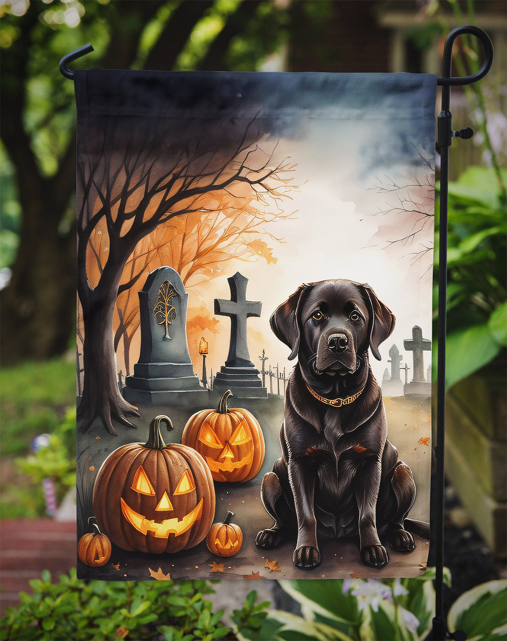 Chocolate Labrador Retriever Spooky Halloween Garden Flag – Dog in Cemetery Scene