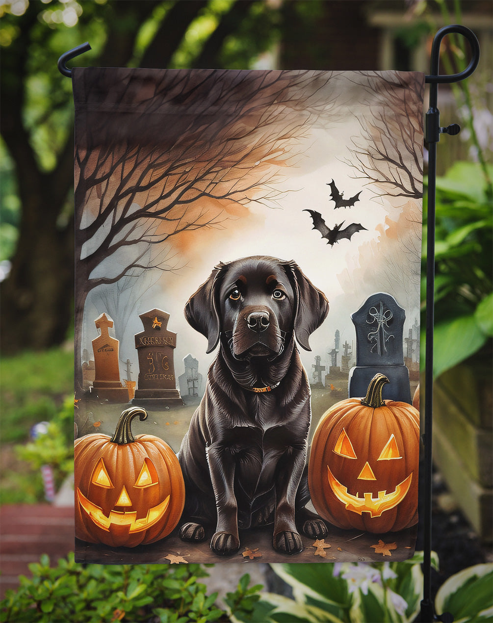 Chocolate Labrador Retriever Spooky Halloween Garden Flag – Dog in Cemetery Scene