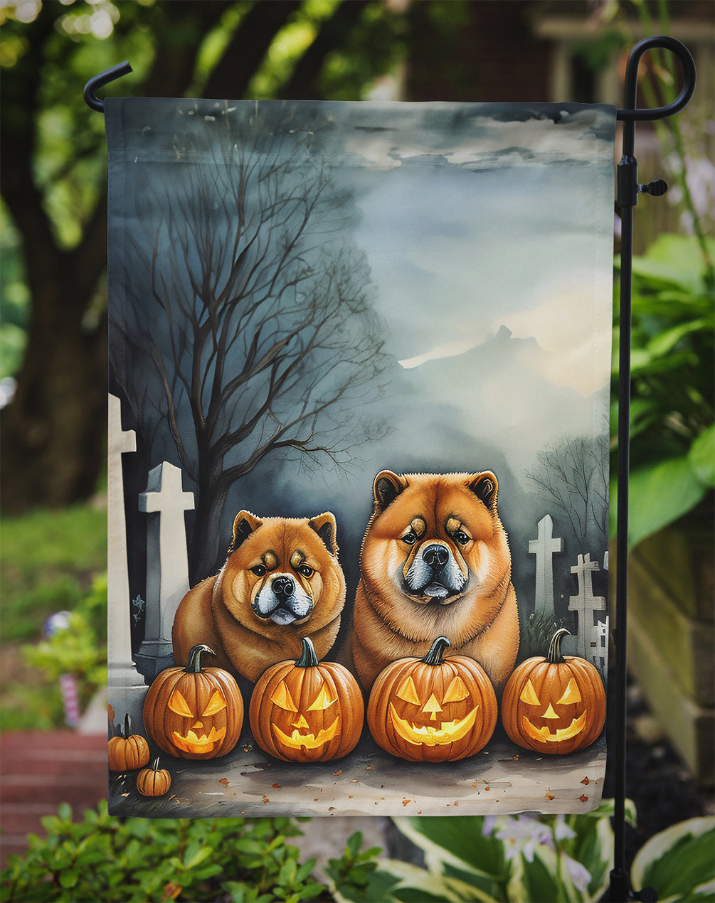 Chow Chow Spooky Halloween Garden Flag – Dog in Cemetery Scene