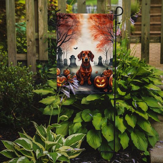 Dachshund Spooky Halloween Garden Flag – Dog in Cemetery Scene