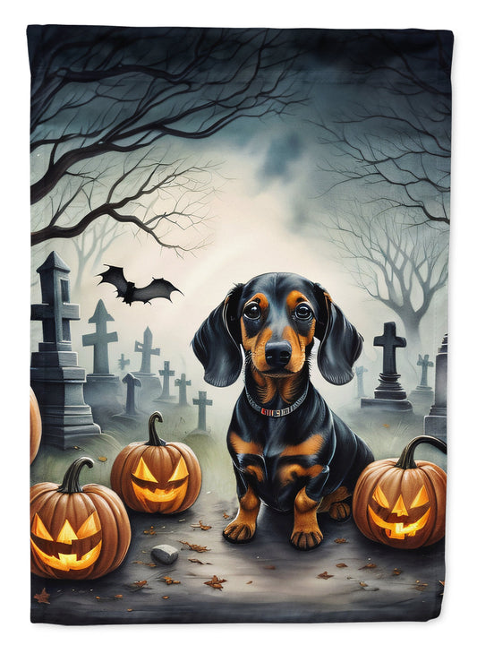 Dachshund Spooky Halloween Garden Flag – Dog in Cemetery Scene