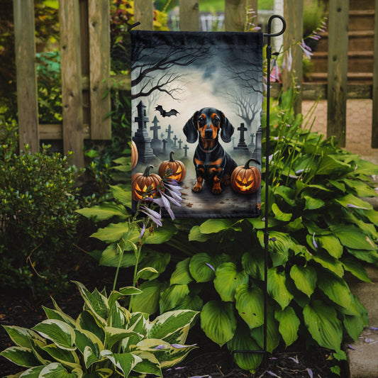 Dachshund Spooky Halloween Garden Flag – Dog in Cemetery Scene