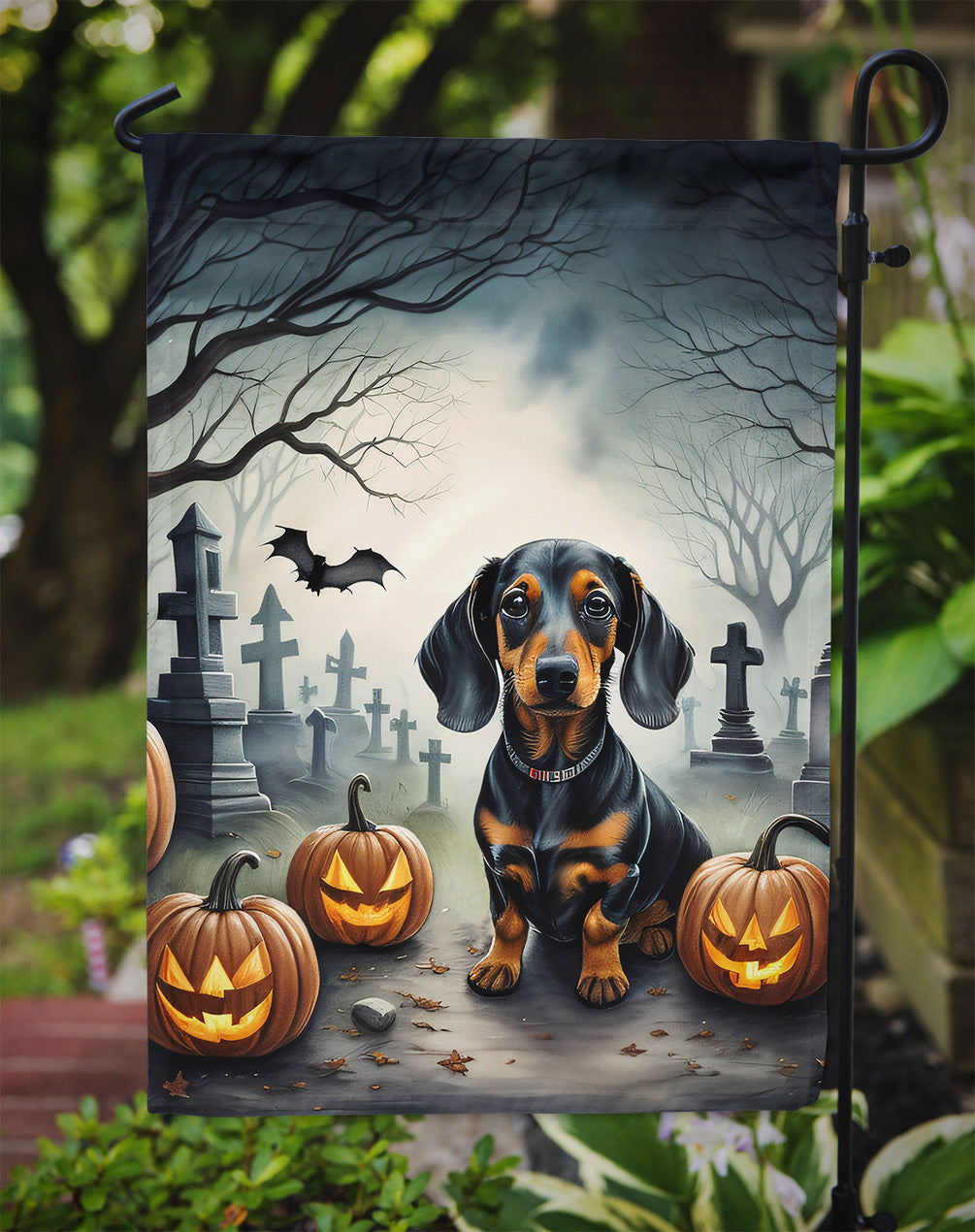 Dachshund Spooky Halloween Garden Flag – Dog in Cemetery Scene