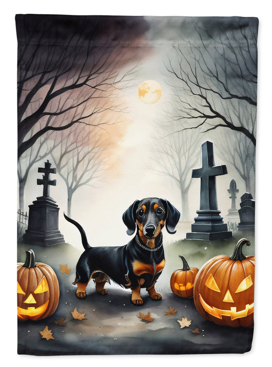 Dachshund Spooky Halloween Garden Flag – Dog in Cemetery Scene
