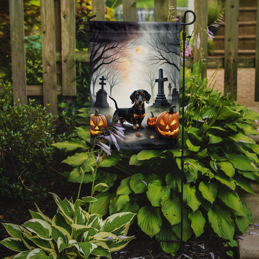 Dachshund Spooky Halloween Garden Flag – Dog in Cemetery Scene