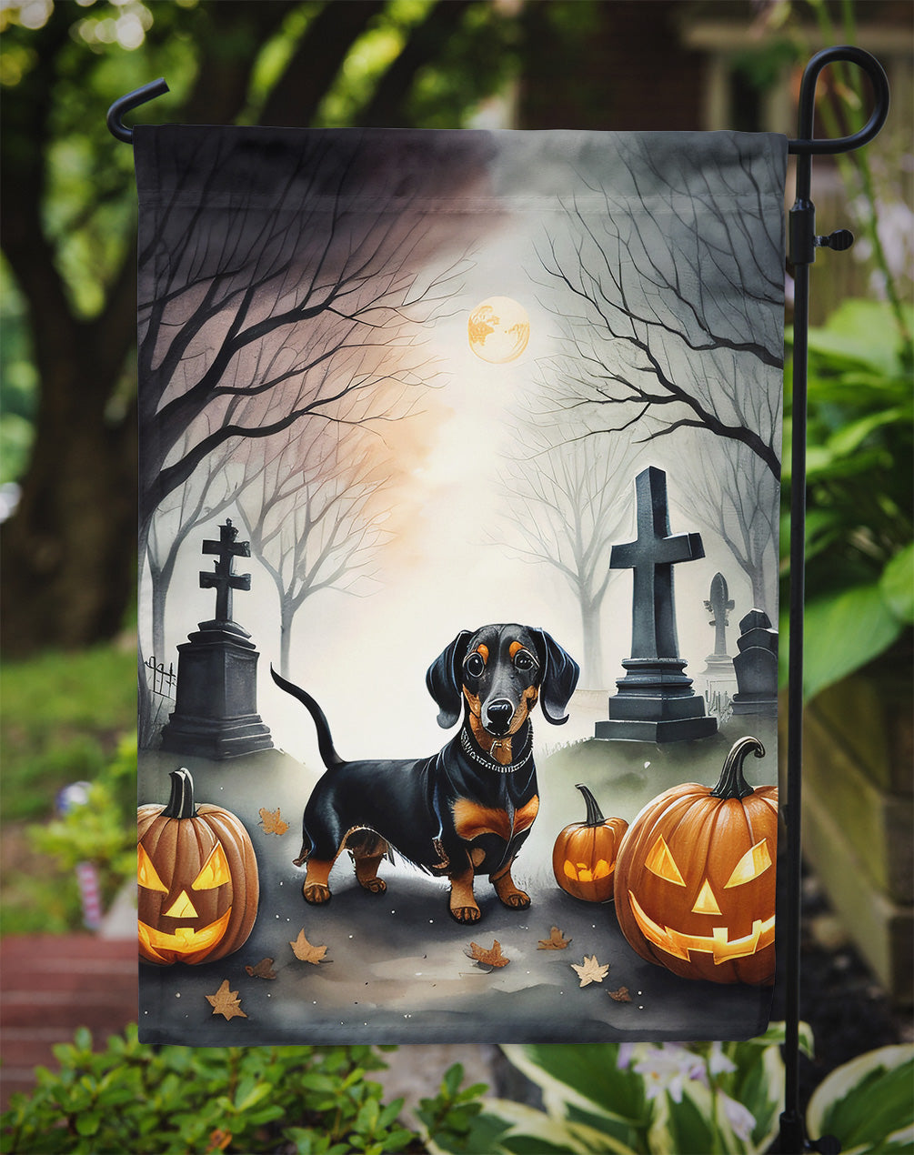 Dachshund Spooky Halloween Garden Flag – Dog in Cemetery Scene