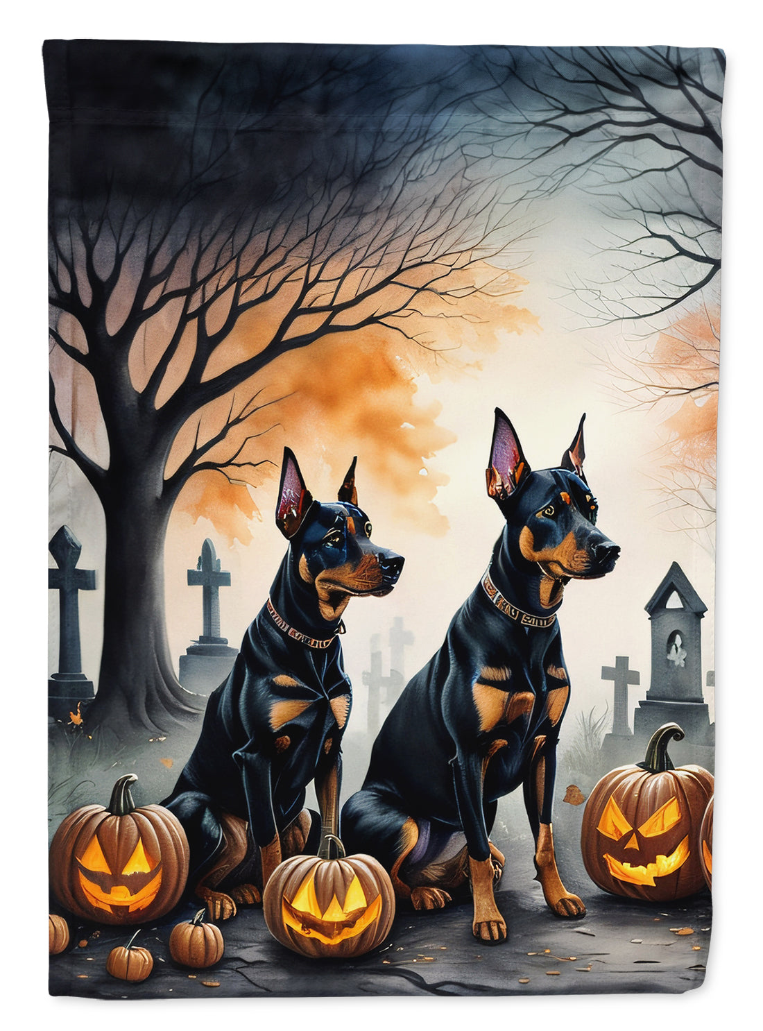 Doberman Pinscher Spooky Halloween Garden Flag – Dog in Cemetery Scene