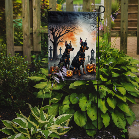 Doberman Pinscher Spooky Halloween Garden Flag – Dog in Cemetery Scene