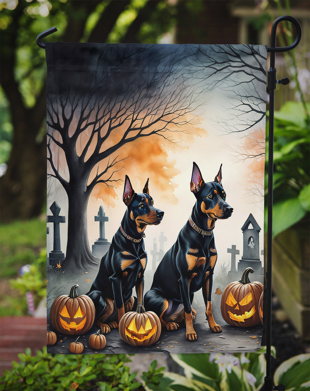 Doberman Pinscher Spooky Halloween Garden Flag – Dog in Cemetery Scene