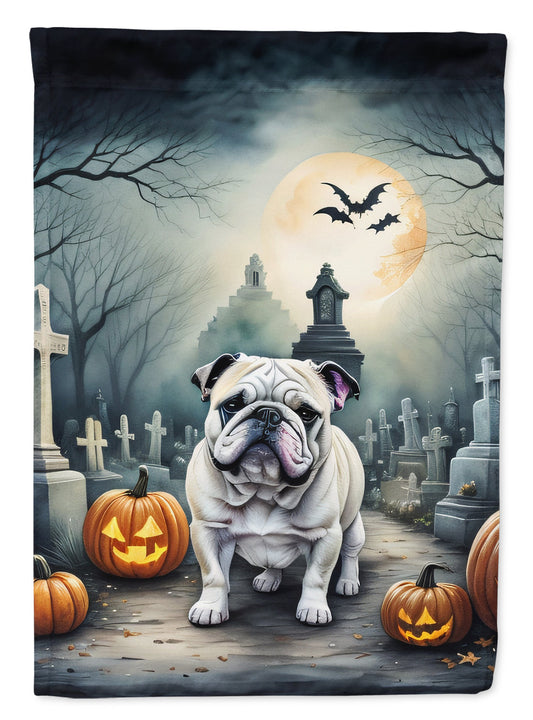 English Bulldog Spooky Halloween Garden Flag – Dog in Cemetery Scene