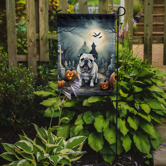 English Bulldog Spooky Halloween Garden Flag – Dog in Cemetery Scene