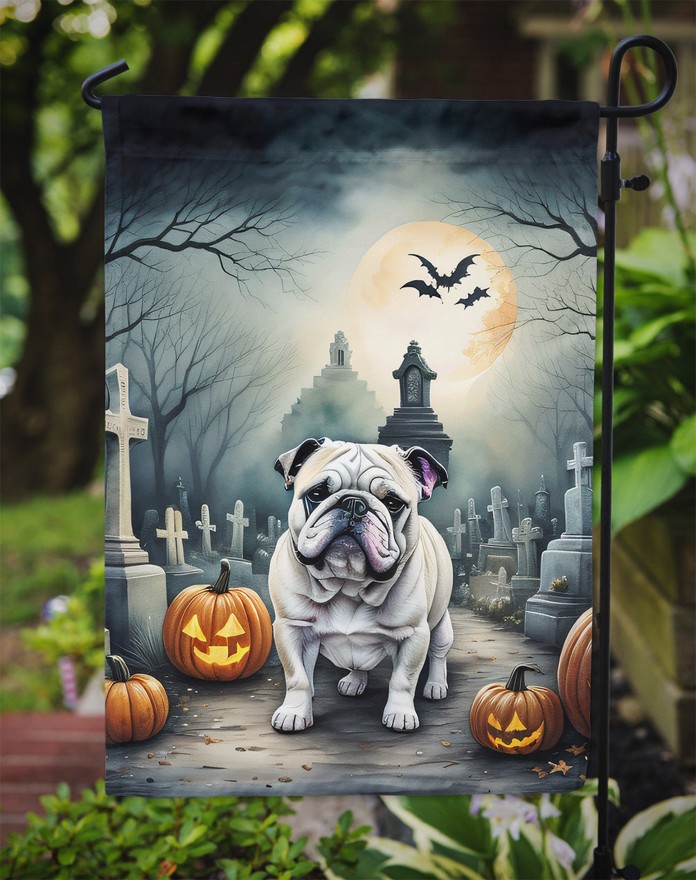 English Bulldog Spooky Halloween Garden Flag – Dog in Cemetery Scene