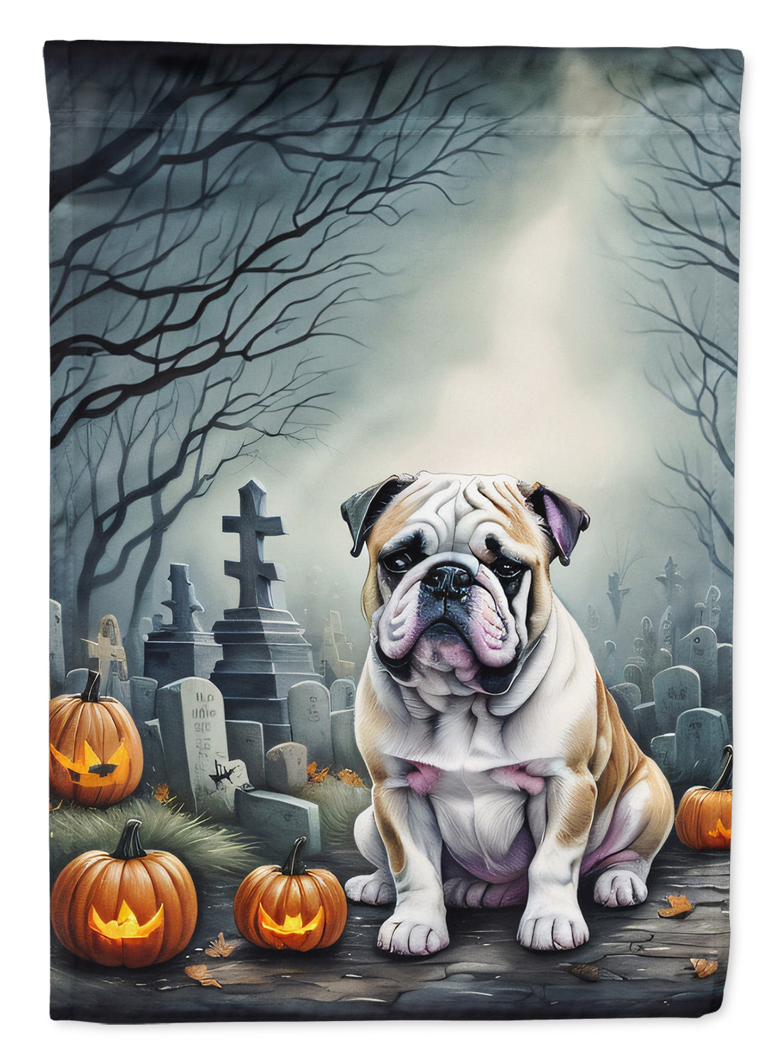 English Bulldog Spooky Halloween Garden Flag – Dog in Cemetery Scene