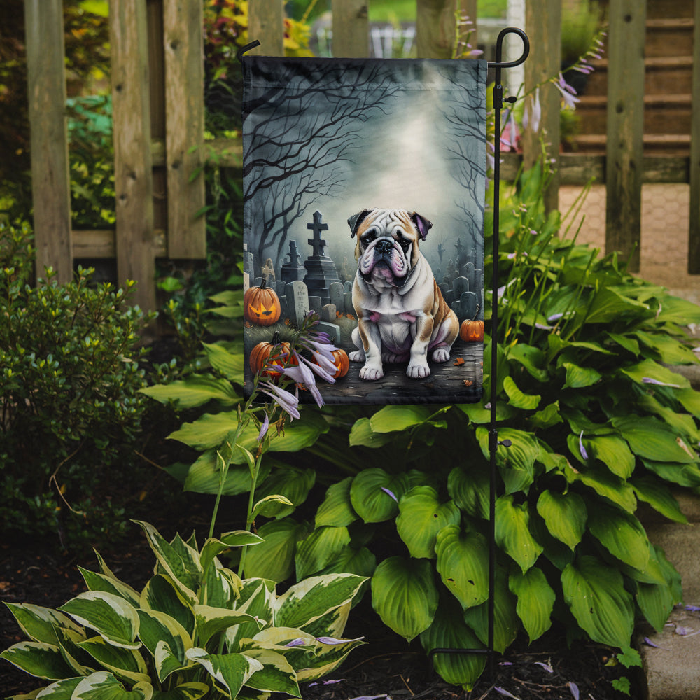 English Bulldog Spooky Halloween Garden Flag – Dog in Cemetery Scene