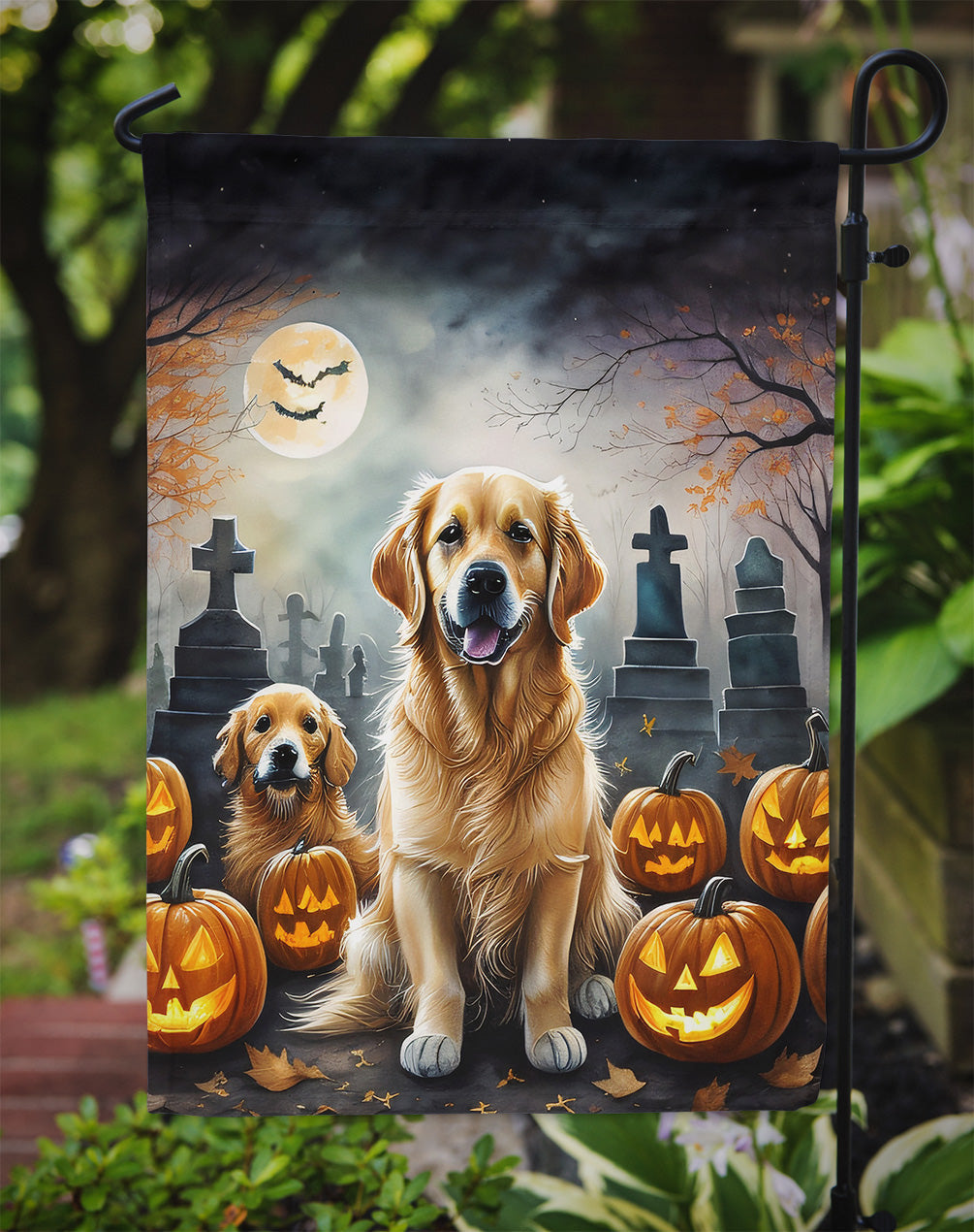 Golden Retriever Spooky Halloween Garden Flag – Dog in Cemetery Scene