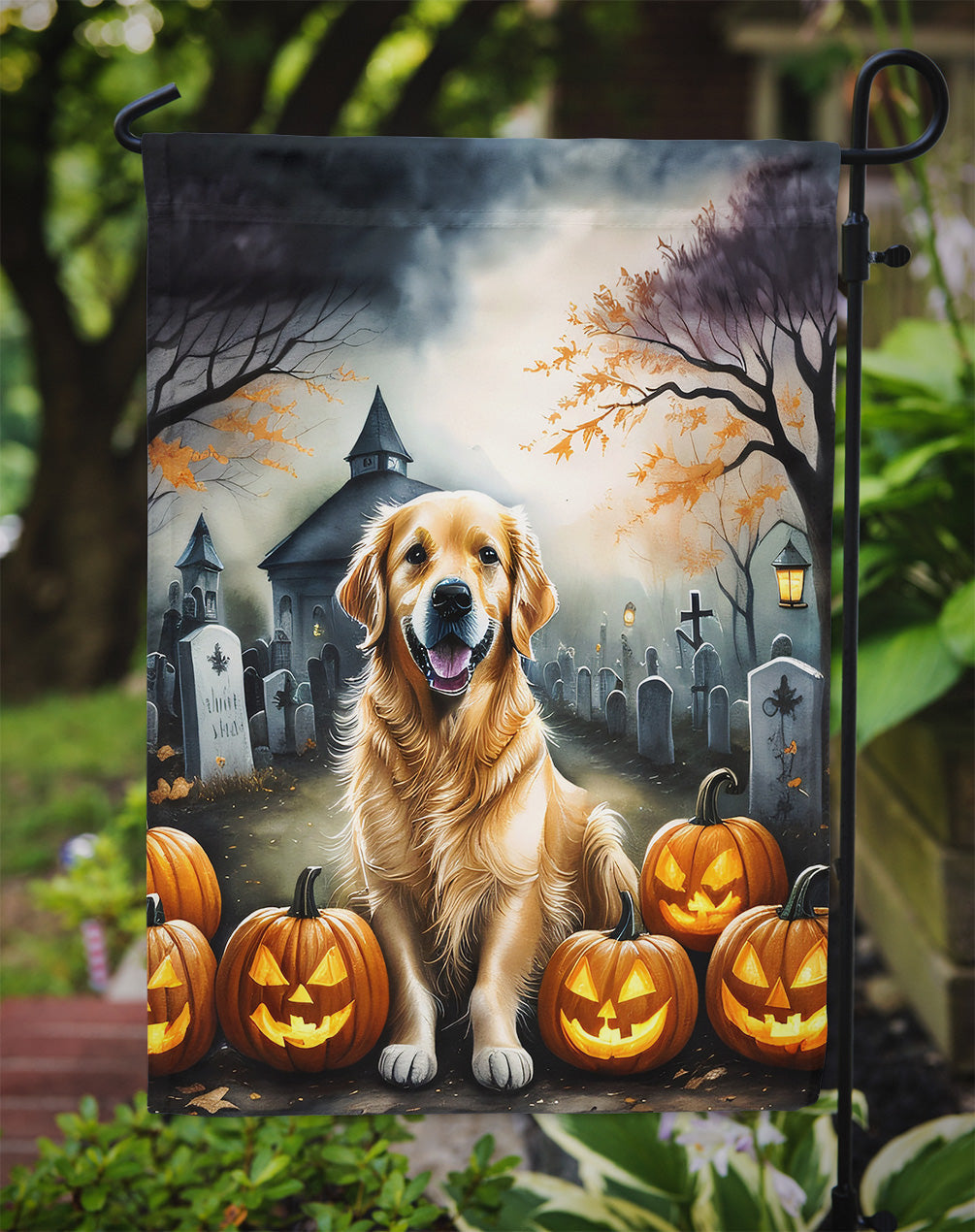 Golden Retriever Spooky Halloween Garden Flag – Dog in Cemetery Scene